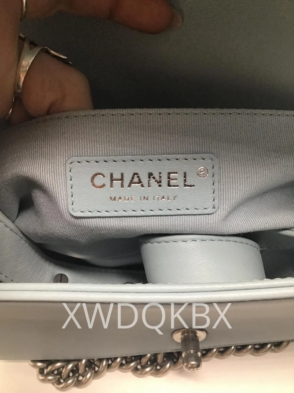 CHANEL Light Blue Quilted Boy Flap Shoulder Bag with Silver Chain
